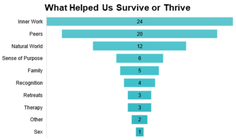 Answers to the question "What has helped you survive or thrive during the difficulties of the pandemic. The responses are listed from most frequent to least frequently answered: 1. Inner Work 2. Peers 3. Natural World 4. Sense of Purpose 5. Family 6. Recognition 6. retreats 7. therapy 8. other 9. sex